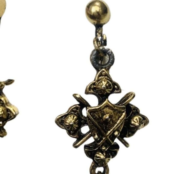 Vintage Gold Tone Brown Beaded Crest Clip On Drop Women’s Fancy Earrings - Picture 4 of 7